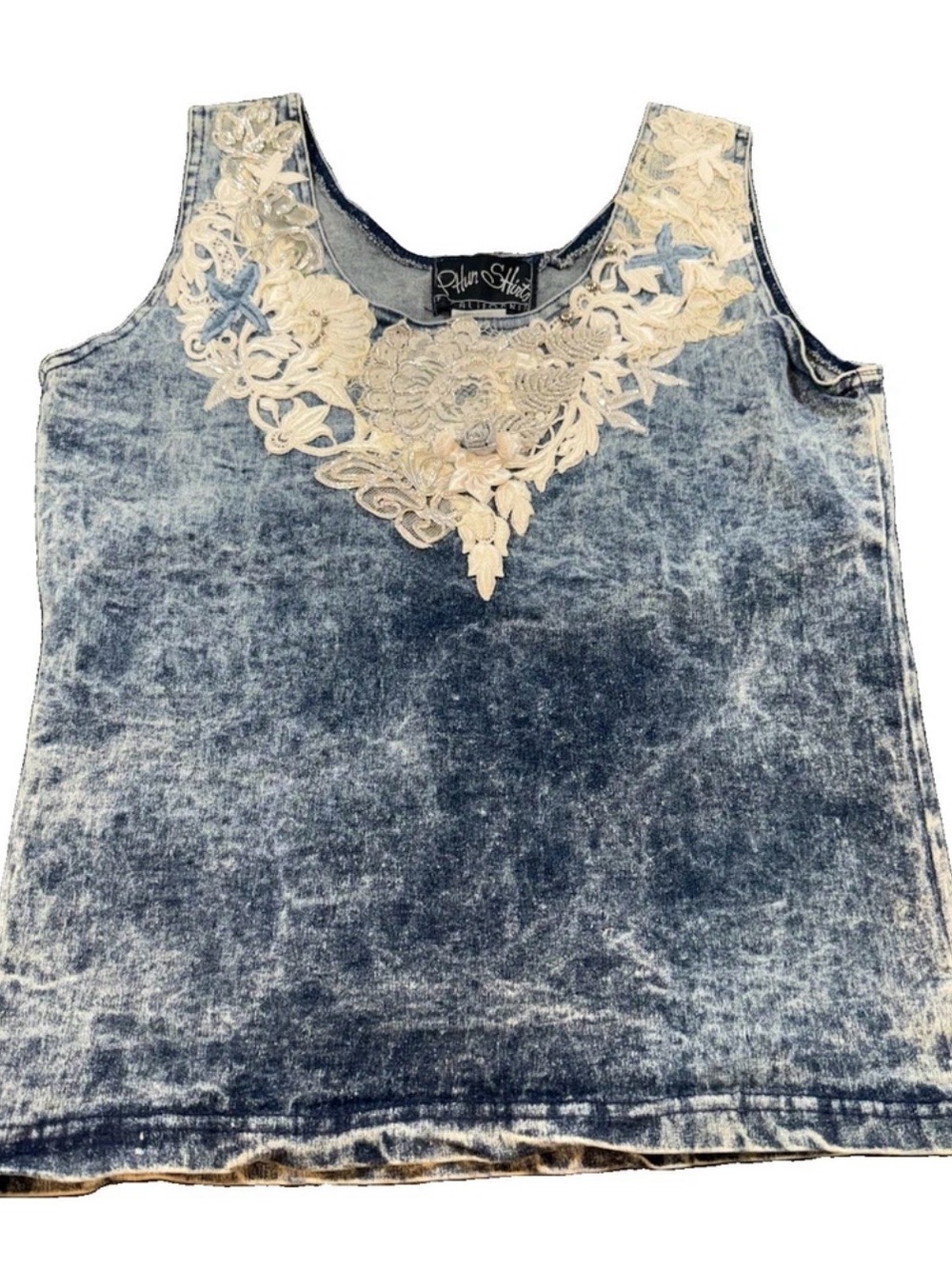 Vintage Phun Shirts of California Made in USA Acid Wash Denim Lace Tank Top